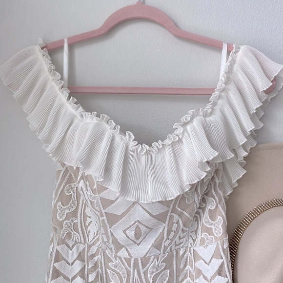 Saints + Secrets White and nude lace off the shoulder ruffle dress. - Picture 4 of 6